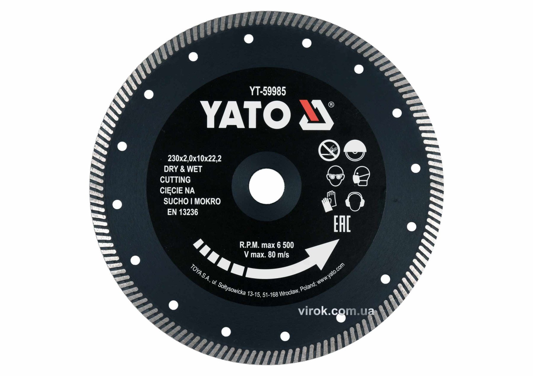 YATO Диск відрізний алмазний по гресу, кераміці "TURBO" YATO Ø=230x2x10x22.2 мм,в мокр.і сух. режимі