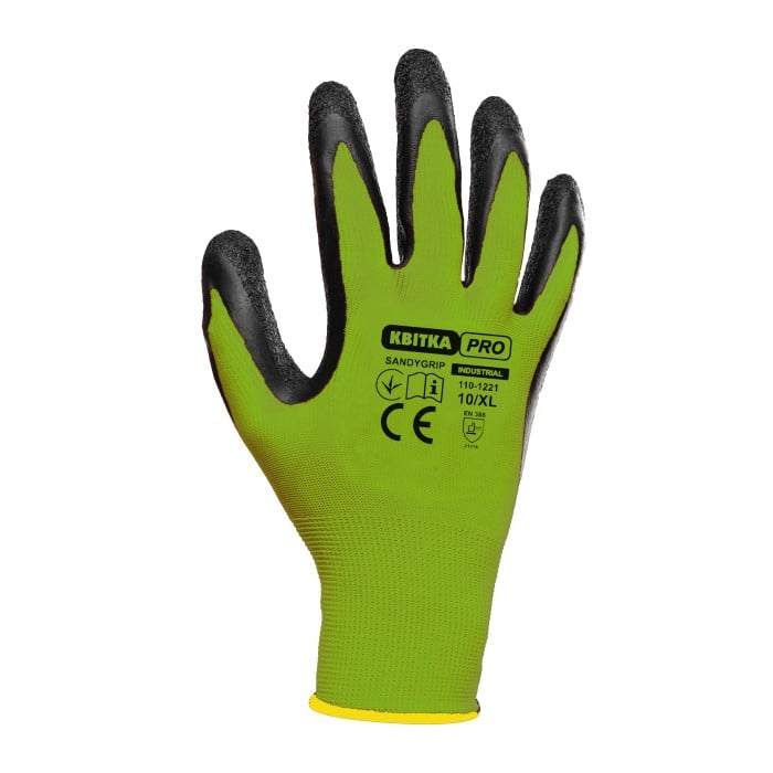 Стрейчеві рукавиці з латексним покриттям КВІТКА PRO SandyGrip Industrial (10" / XL) (110-1221-10-IND