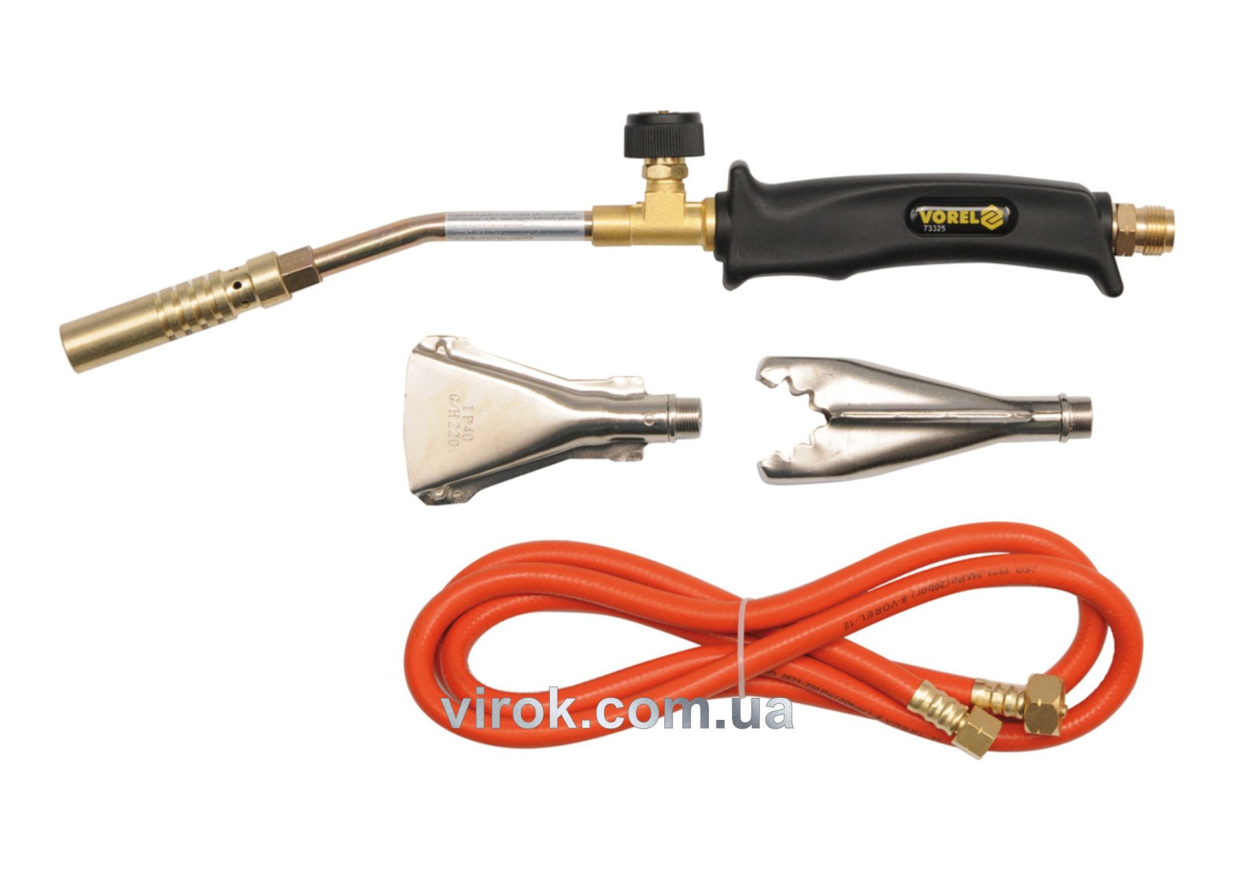 VOREL Пальник Газовий : L=360мм. до 2,0 кВт. Набір з 3 наконечниками і шлангом L=2m. 0,5МРа  | 73325