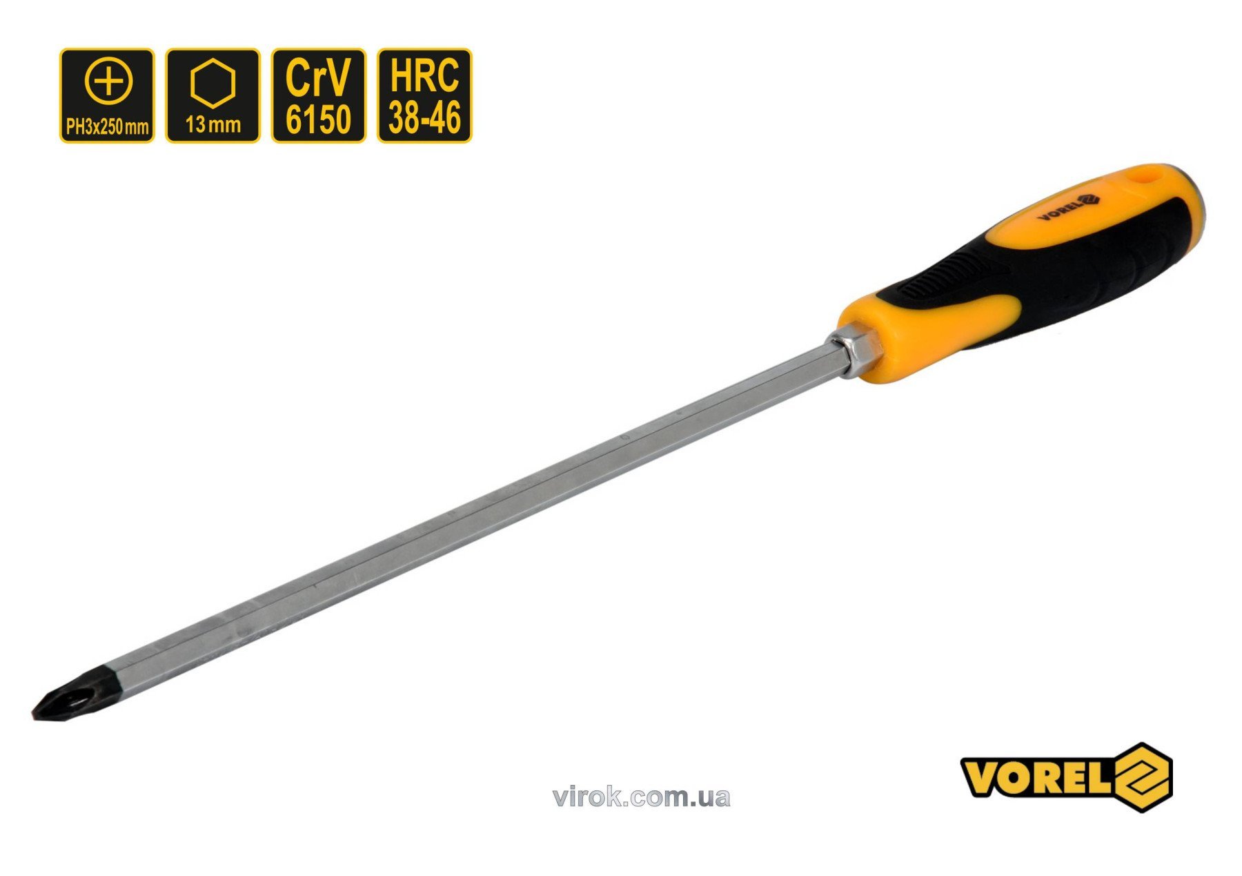 VOREL Викрутка хрестова ударна з 6-гранним стержнем : PH3 х 250 мм, HRC 38-46, Cr-V(DW) | 62178