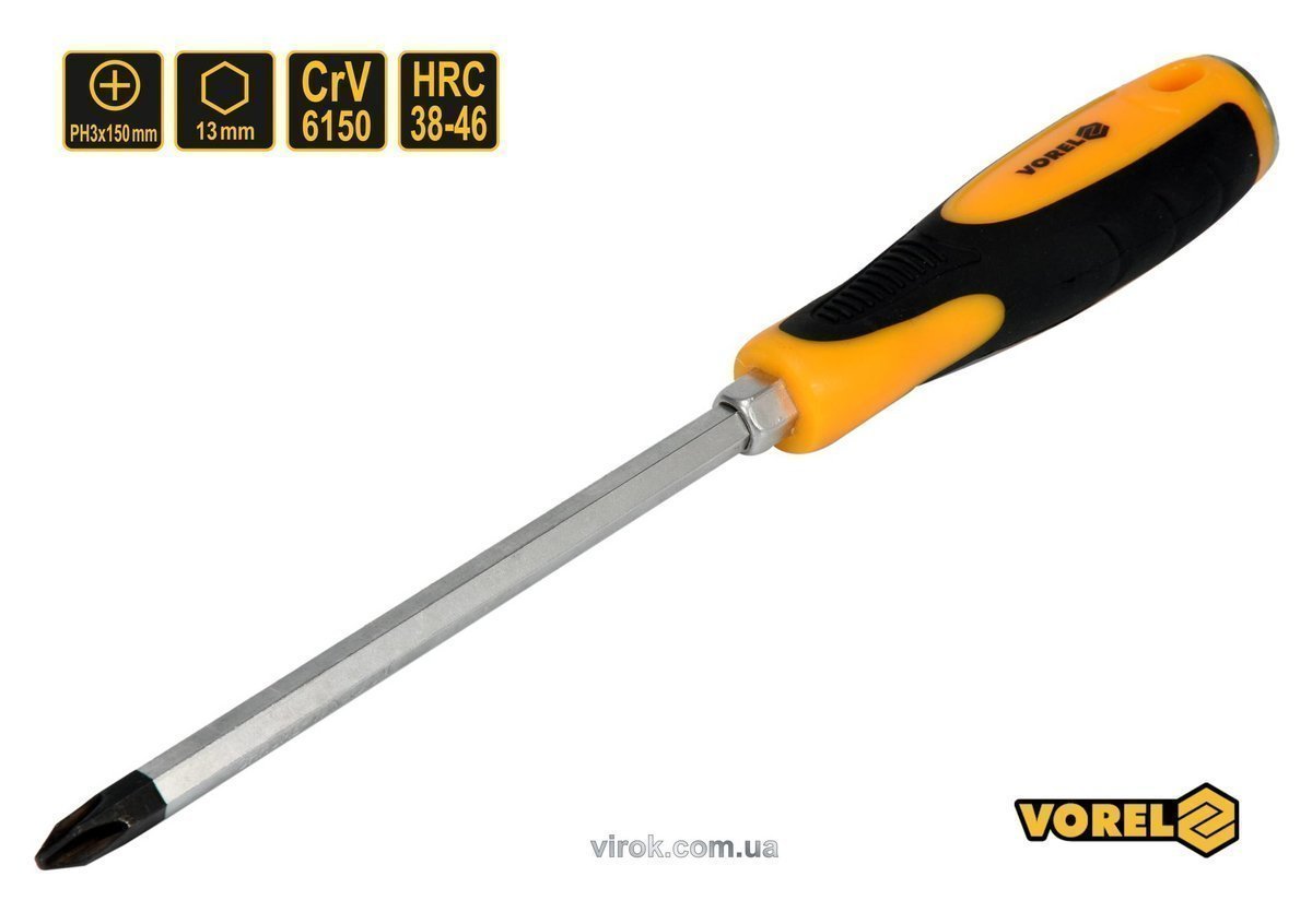 VOREL Викрутка хрестова ударна з 6-гранним стержнем : PH3 х 150 мм, HRC 38-46, Cr-V  | 62176