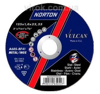 NORTON Диск відрізний по металу і нержав. сталі тм " VULCAN"; Ø= 125х22,2 мм, t= 1,0 мм | 70V102