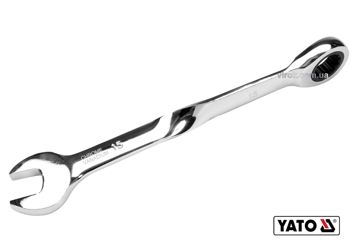 YATO Ключ ріжково-накидний, кручений 90° з тріщаткою YATO : М= 15 x 201 мм, HRC 40-45, Cr-V  | YT-01