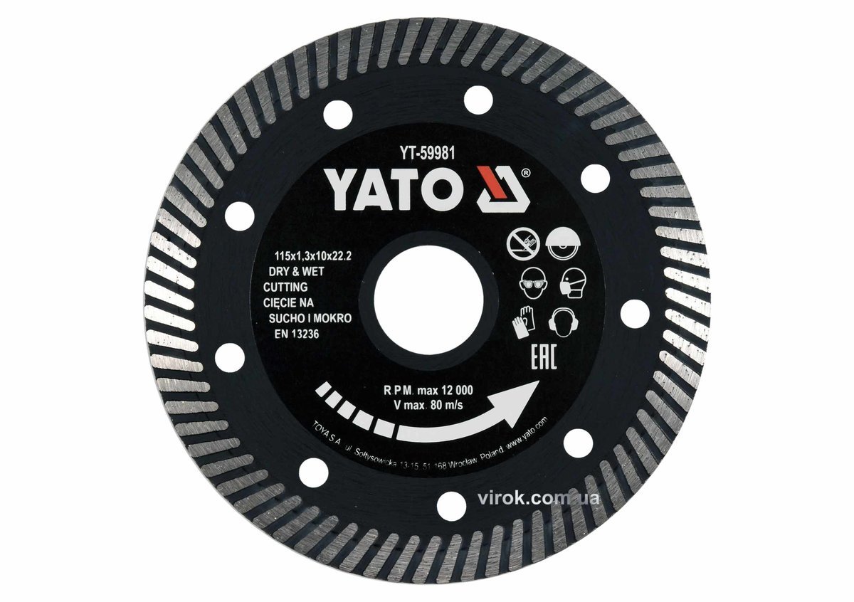 YATO Диск відрізний алмазний по гресу,кераміці "TURBO" YATO Ø=115x1.3x10x22.2мм,в мокрому і сухому р
