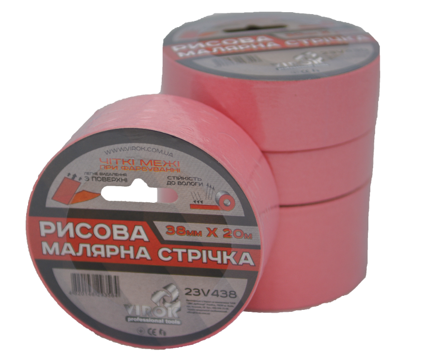 VIROK Малярна стрічка рисова 38мм х 20 м. (Гідростійка/ ідеальний край для фарбування). рожева  | 23