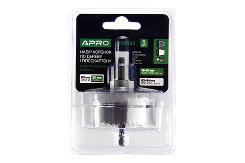 Набір коронок по дереву і гіпсокартону 9 предметів, глибина 20мм (26/32/36/45/50/56/63) APRO