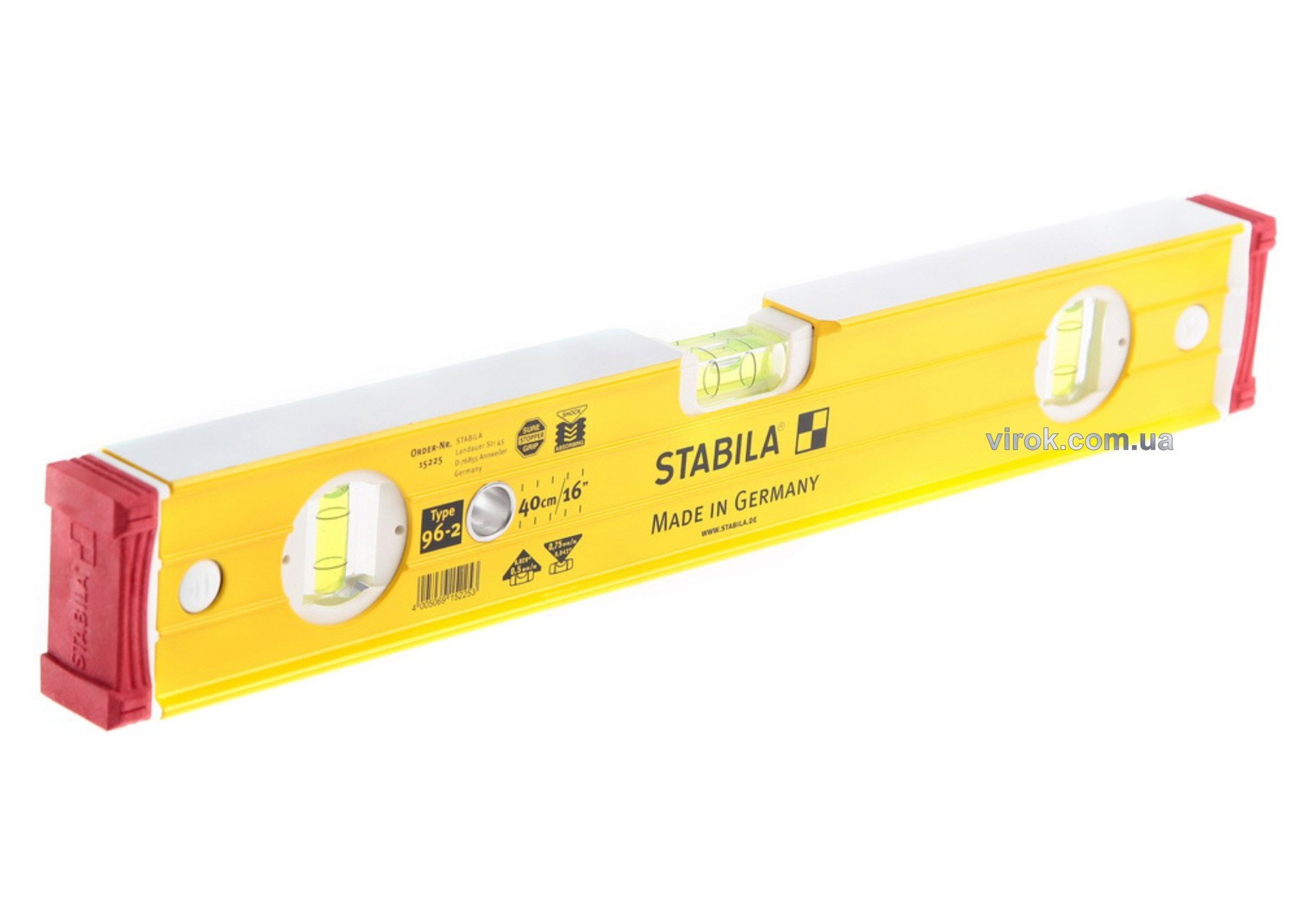 STABILA Рівень Type 96-2 : L= 40 см, 3 капсули. 0,5мм/м., посилений профіль + аморт ковпачки. | 1522