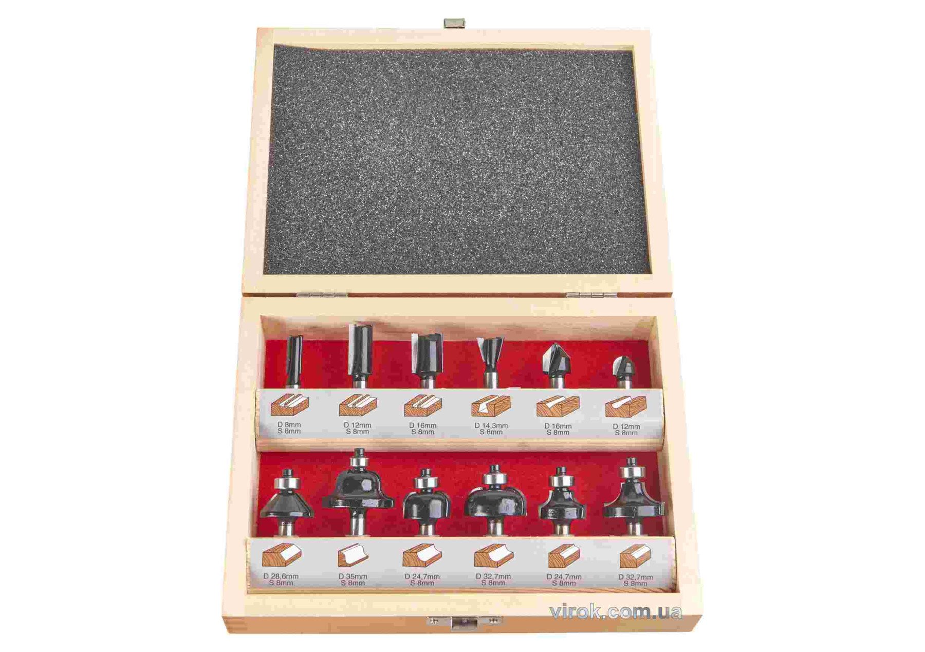 Набір фрез AEG зі шпінделем Ø= 8 мм, в деревяному футлярі, 12 шт