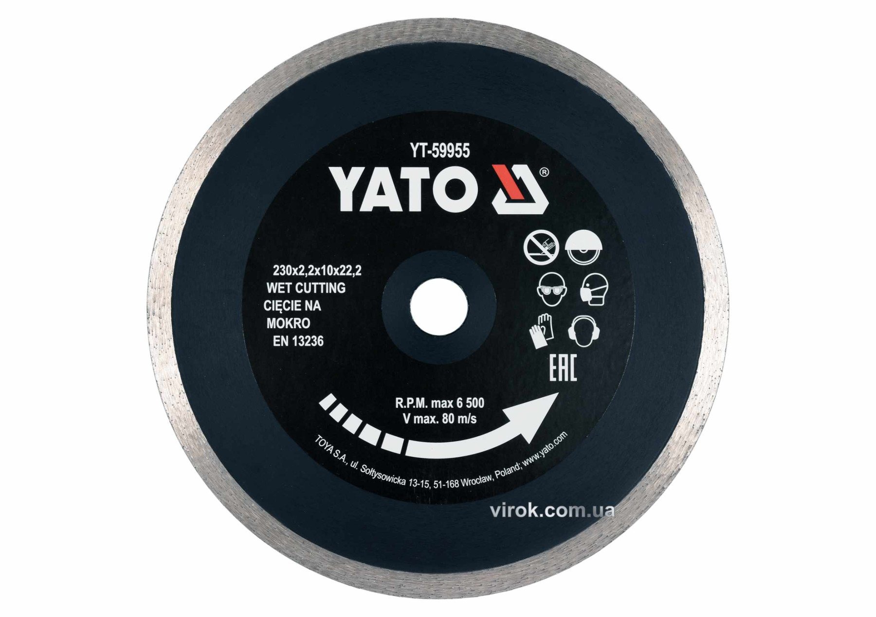 YATO Диск відрізний алмазний по гресу, склу, кераміці YATO Ø=230х2.2х10х22.2 мм,в мокрому режимі  | 