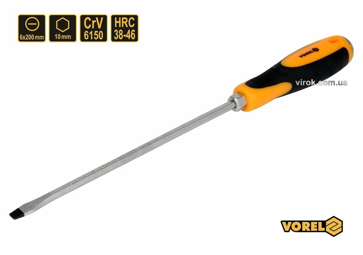 VOREL Викрутка плоска ударна з 6-гранним стержнем : SL6 х 200 мм, HRC 38-46, Cr-V  | 62164