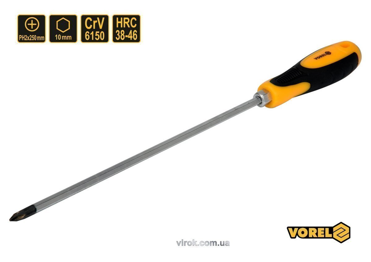 VOREL Викрутка хрестова ударна з 6-гранним стержнем : PH2 х 250 мм, HRC 38-46, Cr-V  | 62175