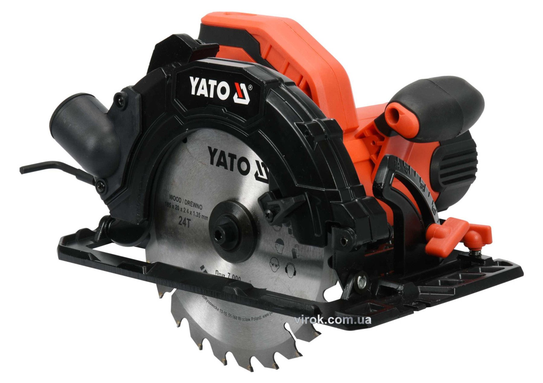 YATO Пила дискова ручна мережева YATO: P=1.5кВт, для диска Ø= 185/20мм, макс. h=2.8мм, кут 0-45°  | 