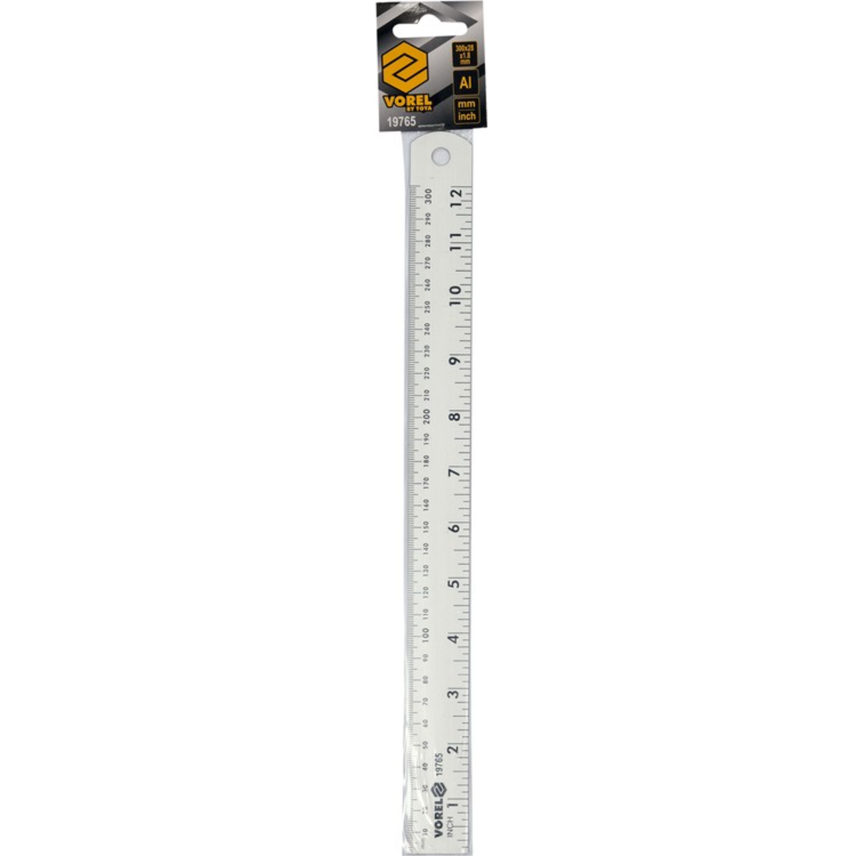 VOREL Лінійка алюмінієва , l= 300 мм, w= 28 мм з дюймовою і метричною шкалами  | 19765