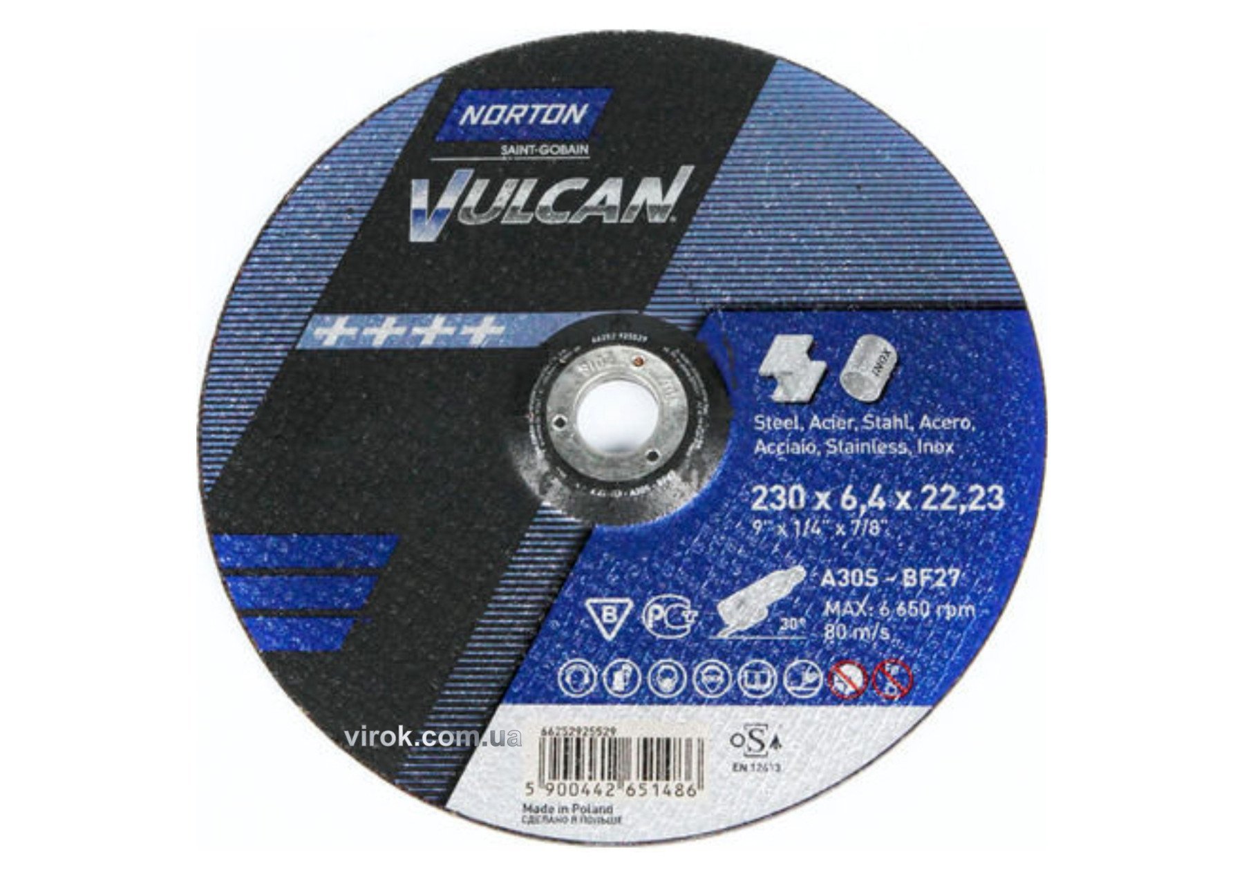 NORTON Диск шліфувальний по металу і нержав. сталі " VULCAN"; Ø= 230/22,2 мм, t= 6.4 мм | 70V705
