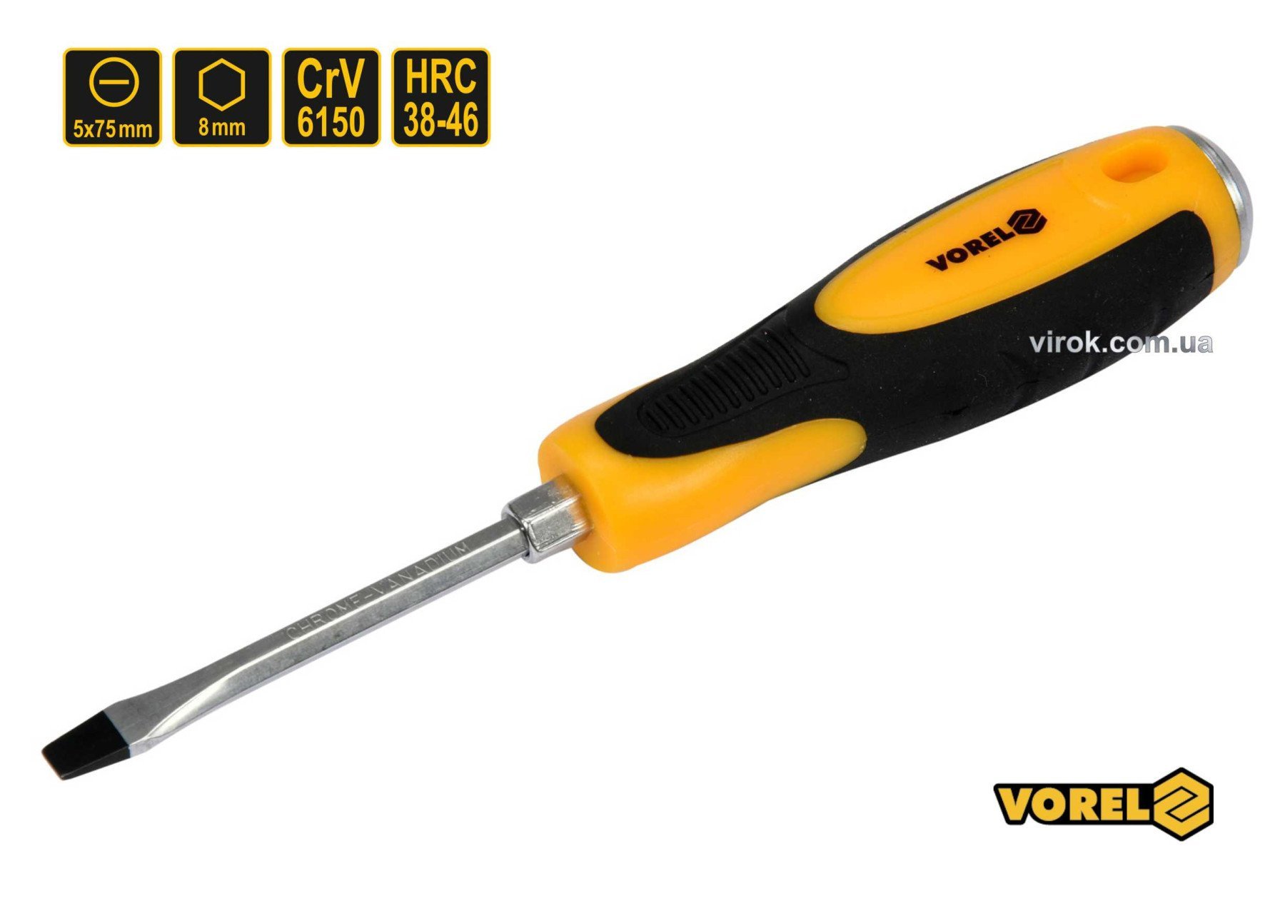 VOREL Викрутка плоска ударна з 6-гранним стержнем : SL5 х 75 мм, HRC 38-46, Cr-V  | 62160