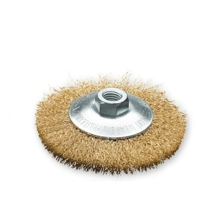 Щетка коническая 100x10 мм стальной латунований гофрированный проволока 0.30 мм. М14х2.0 LESSMANN