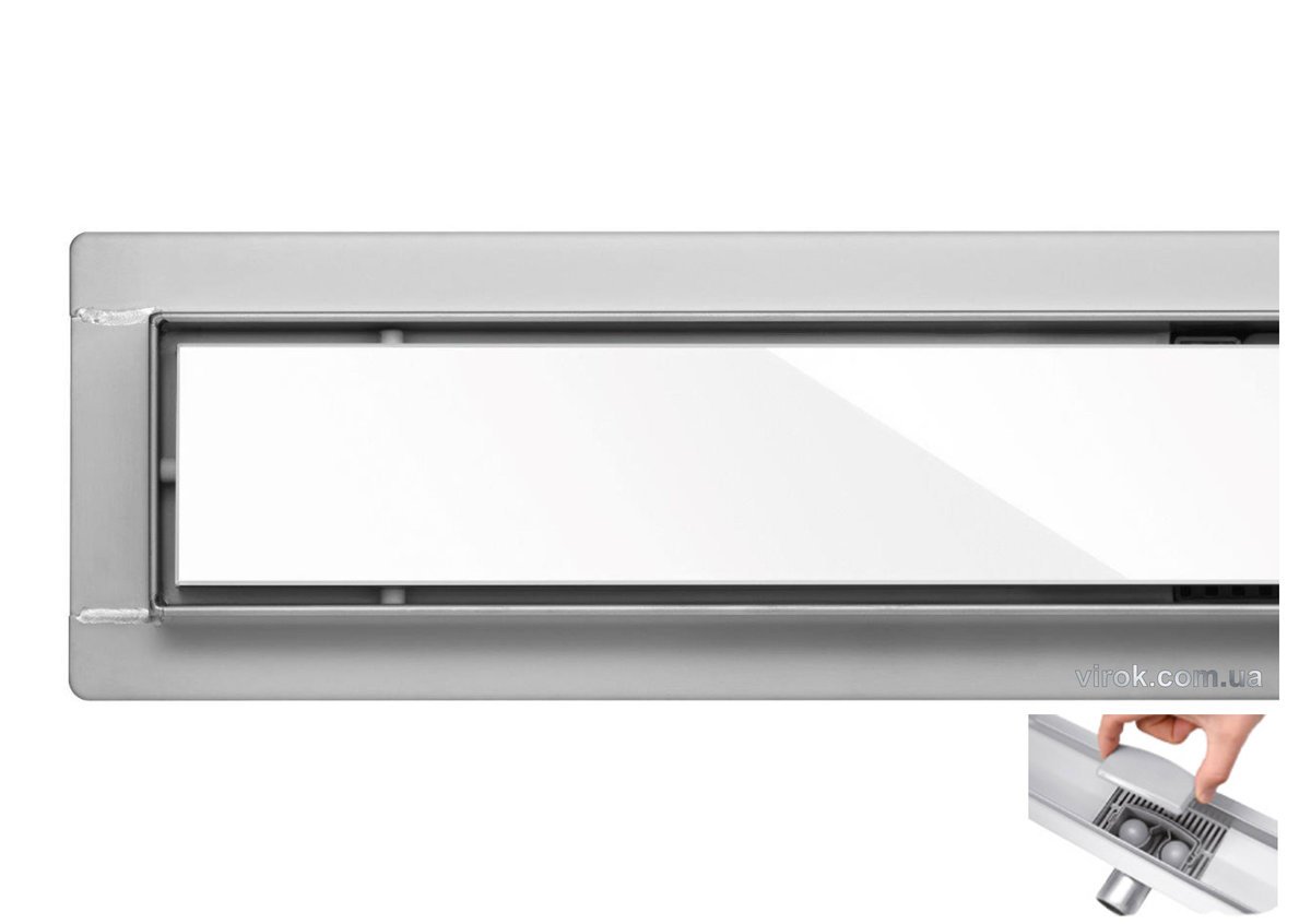 FALA Трап підлоговий для душу з нержавіючої сталі "WHITE GLASS" ; 90х 7х 7 см  | 75384