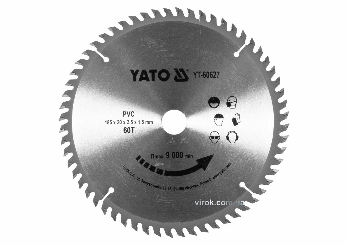 YATO Диск пиляльний по ПВХ YATO: Ø=185х2.5x20 мм, 60 зубців, R.P.M до 9000 1/хв  | YT-60627