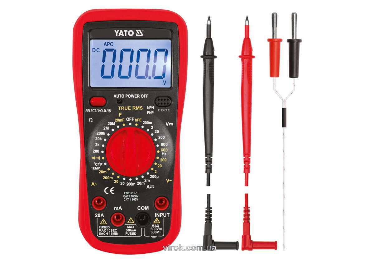 YATO Мультиметр для вимірювання електричних параметр/ YATO з LCD-дисплеєм і провідниковими контактам