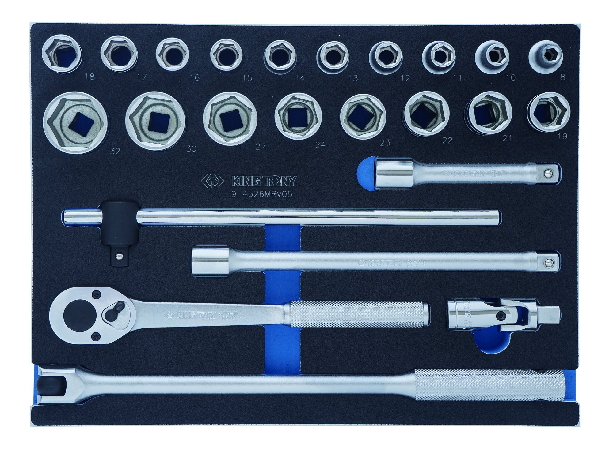 KING TONY Набор торцевых головок 1/2" 24 ед. 6-ти гранные, (8-32mm) | 9-4526MRV05