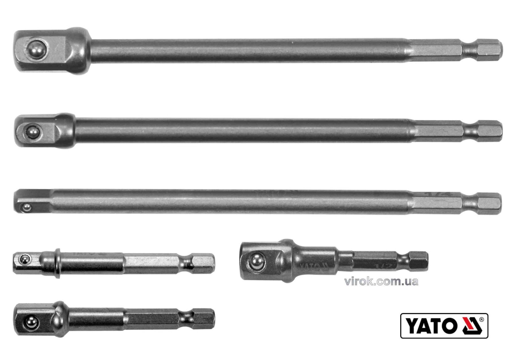YATO Тримачі-адаптери торцевих головок YATO: квадрат-1/4",3/8",1/2", L=50 і 150мм, HEX-1/4" Cr-V. 6ш