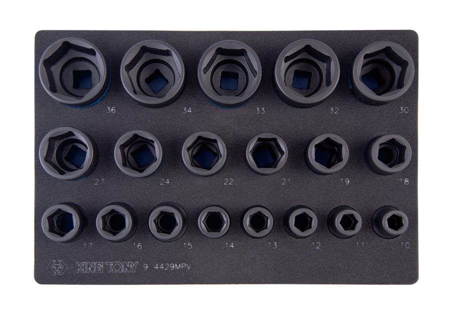 KING TONY Набор ударных торцевых головок 1/2", шестигранные, 10-36 мм, ложемент, 19 предметов | 9-44