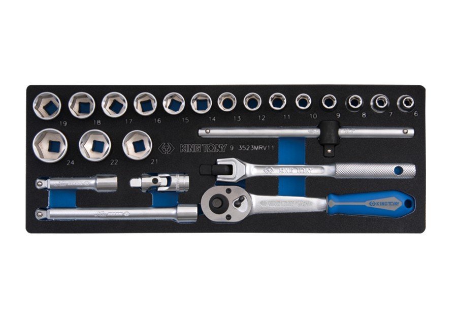 KING TONY Набор торцевых головок 3/8" (головки,трещетка,вороток,удл.) (EVA ложемент) | 9-3523MRV11