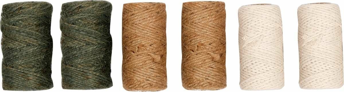 FLO Шнурки джутові-бавовняні , 6 рул., різнокольорові, 1/ 1/ 1,5 мм х 80/ 40/ 40 м  | 88820