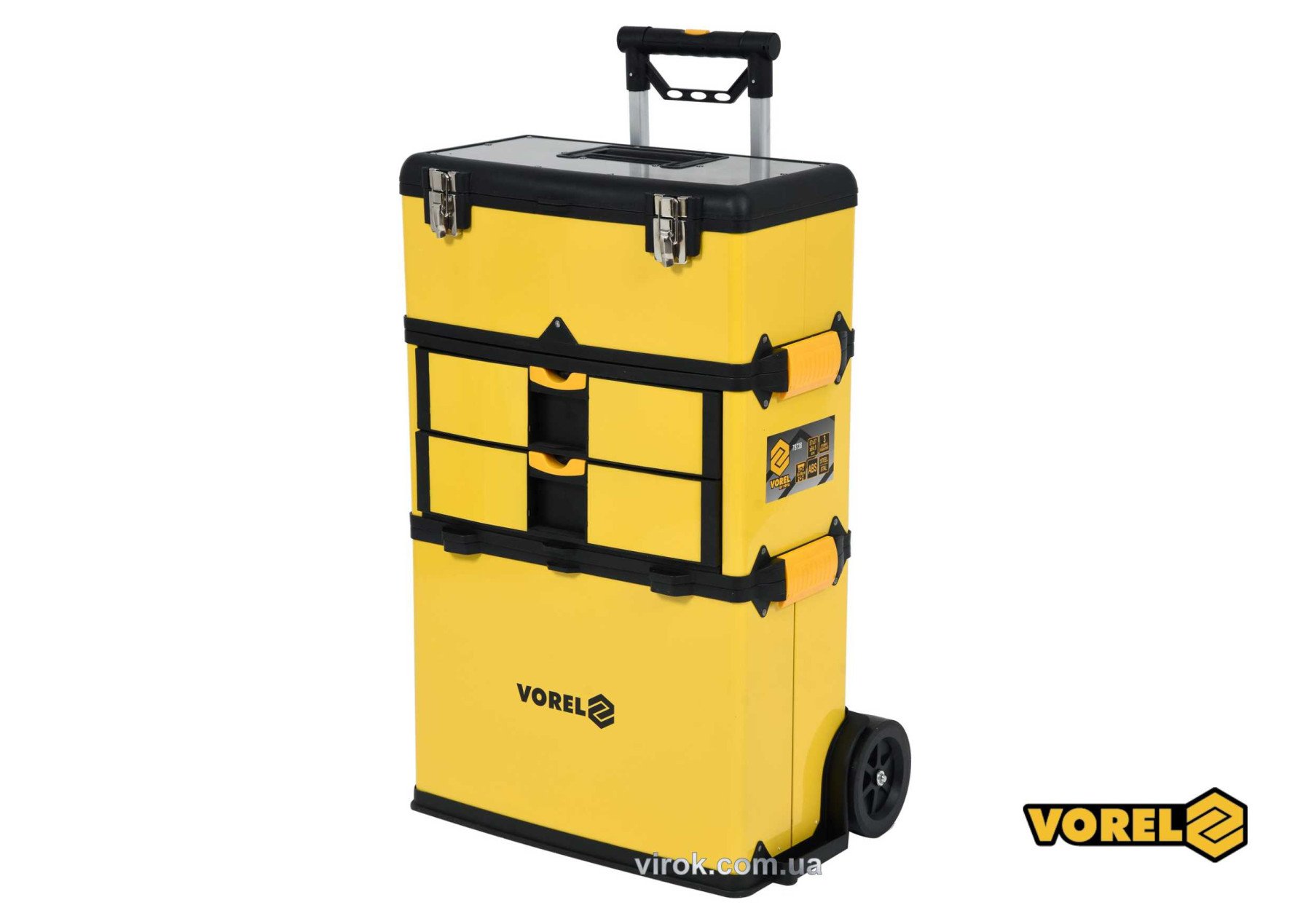 VOREL Ящик для інструментів на 2 колесах пластиковий : 3 секції, 57х37х84.5 см, телеск. ручка 58-98с