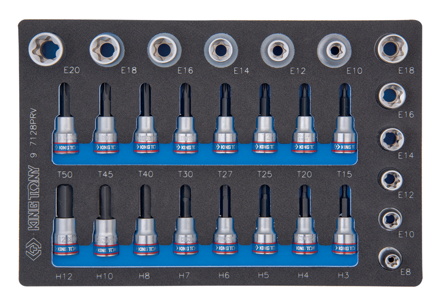KING TONY Набор торцевых головок 1/2"+3/8", TORX, HEX, Е6-Е20, ложемент, 28 предметов | 9-7128PRV