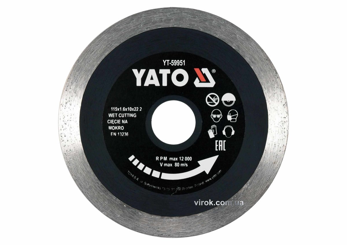 YATO Диск відрізний алмазний по гресу, склу, кераміці YATO Ø=115х1.6х10х22.2 мм,в мокрому режимі  | 