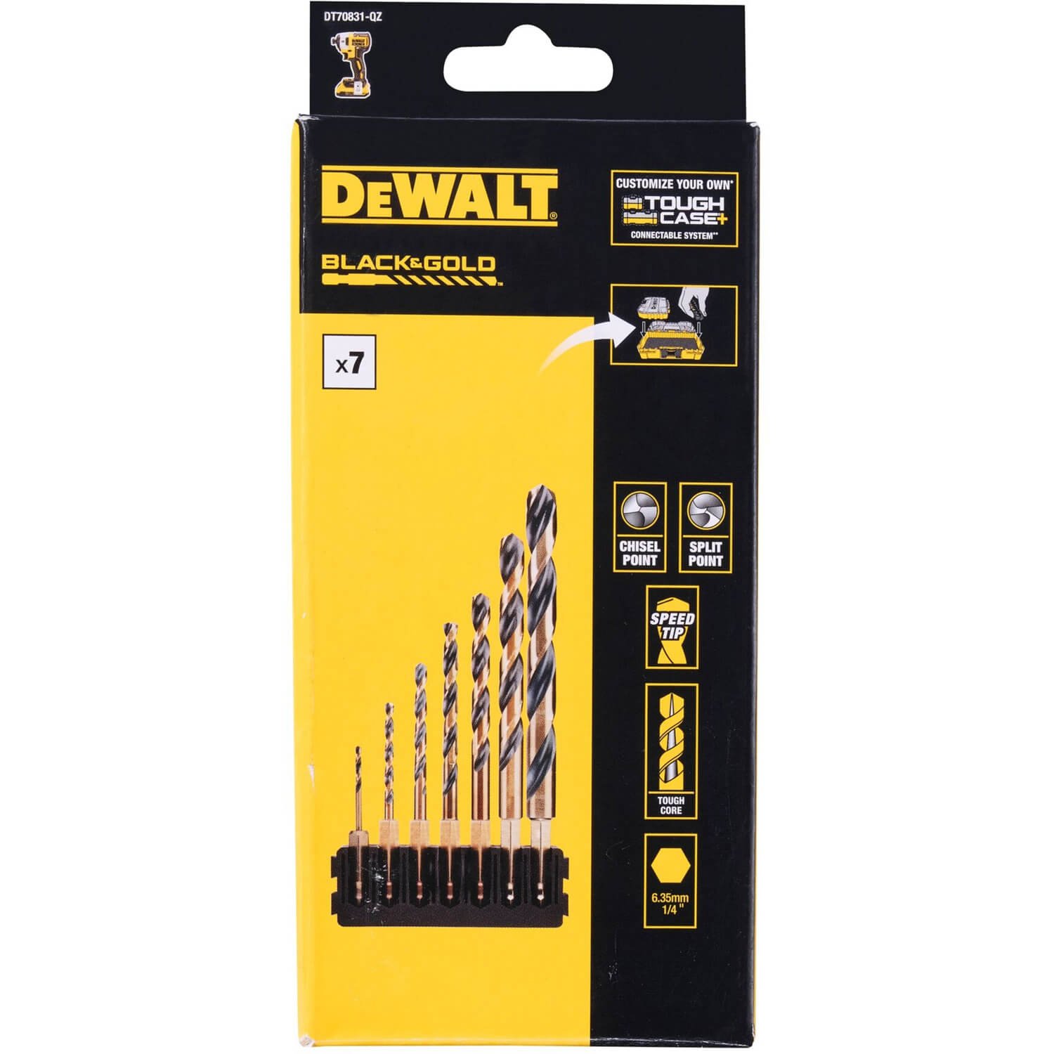 Касета зі свердлами по металу DeWalt, Black & Gold, d = 2, 3, 4, 5, 6, 8, 10 мм., 1/4 ", 8 шт | DT70