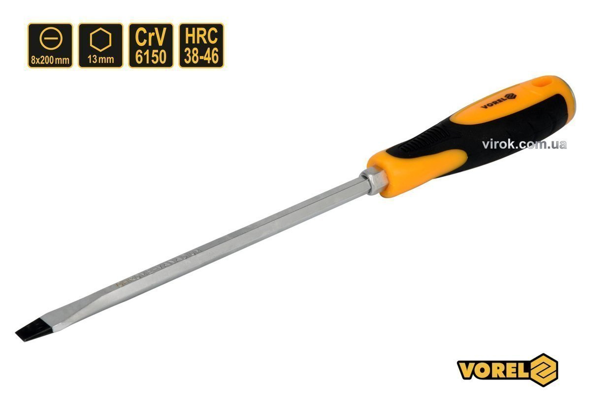 VOREL Викрутка плоска ударна з 6-гранним стержнем : SL8 х 200 мм, HRC 38-46, Cr-V  | 62167