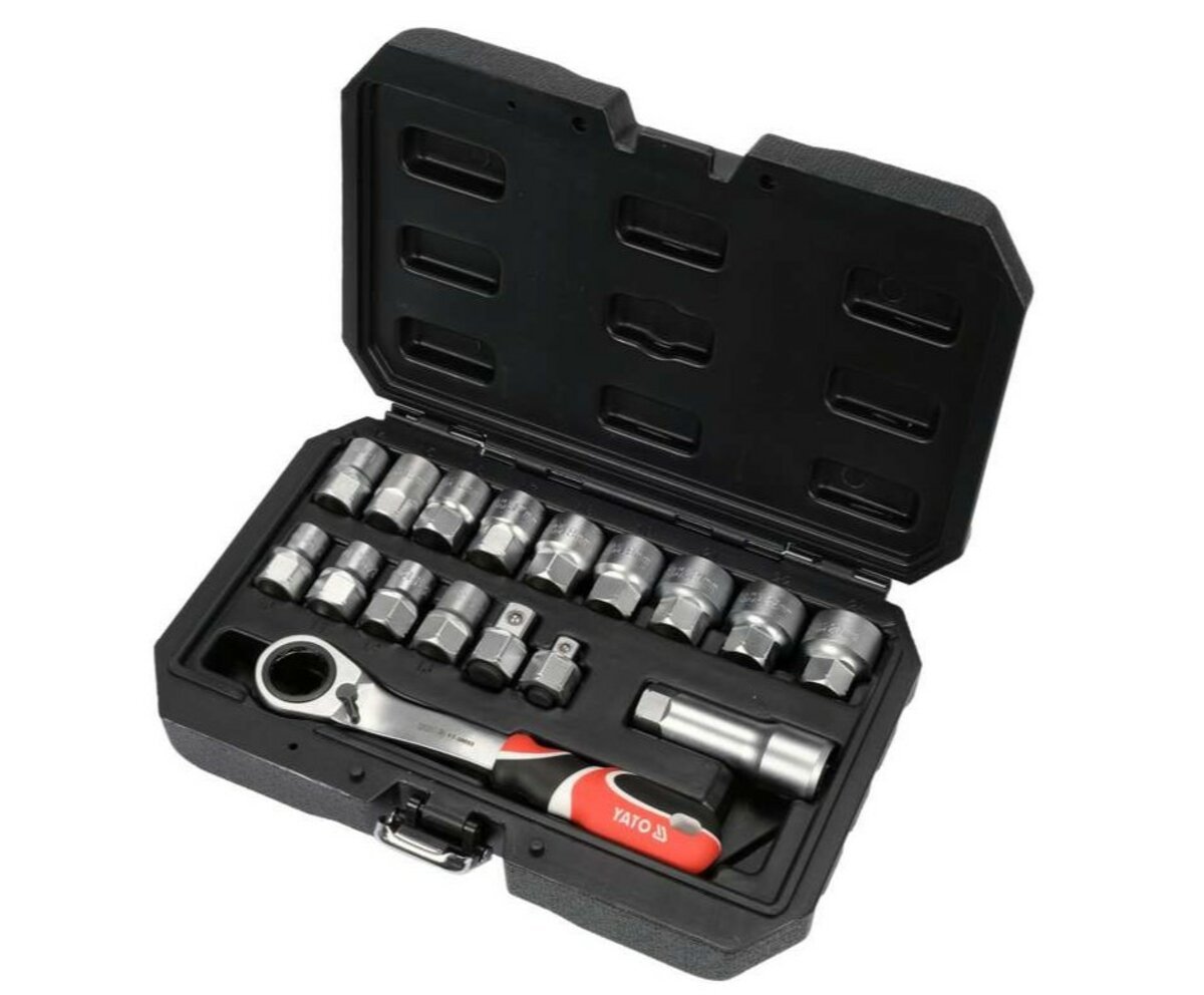 YATO Набір головок торцевих наскрізних SPLINE YATO: квадрат 3/8" і 1/2", М10-М24 з храповим воротком