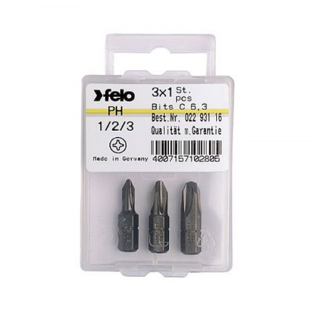 FELO Набор бит 25 мм PZ1 / PZ2 / PZ3 1/4 " С 6,3 ВОХ (3 шт.). // 02193216