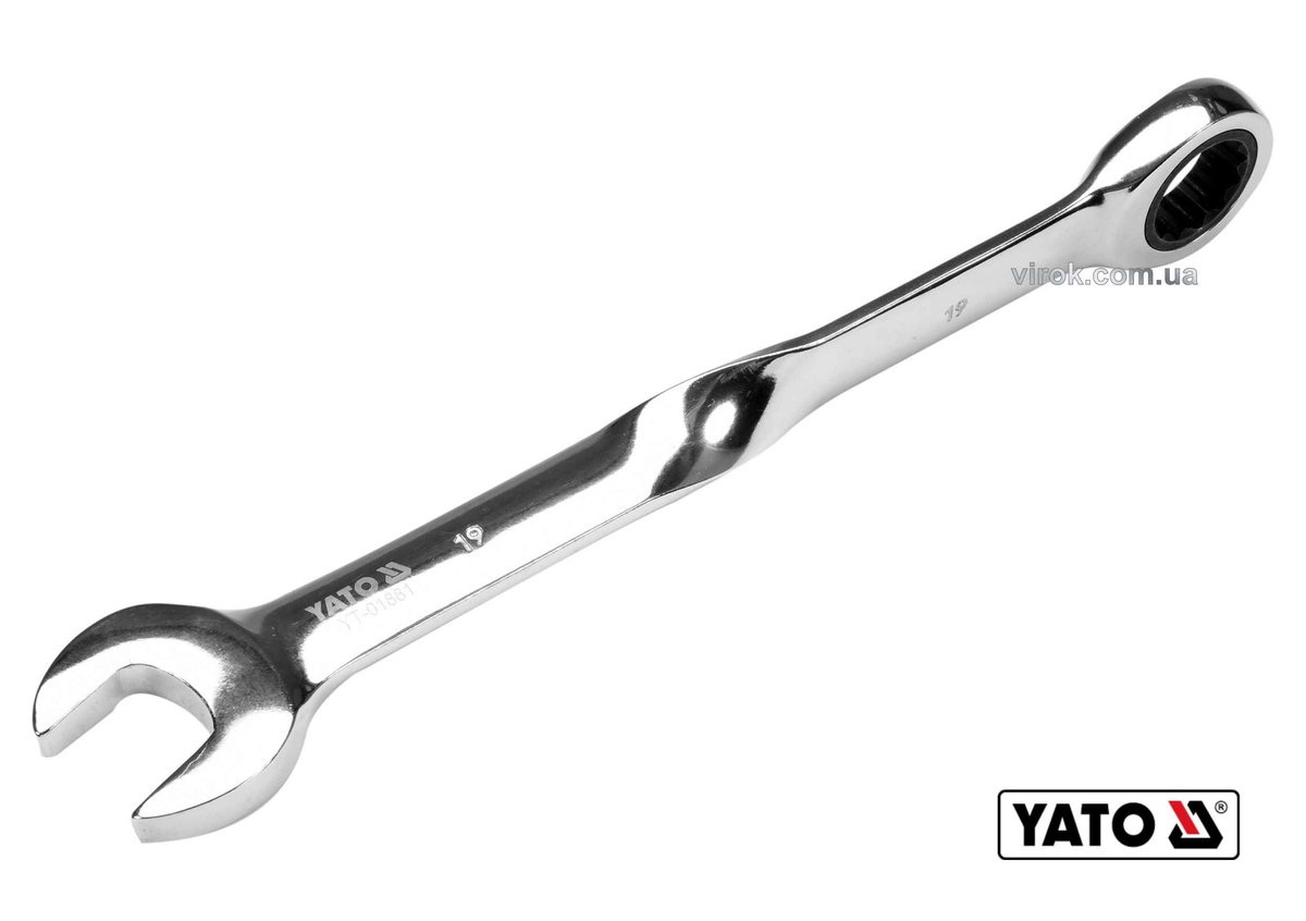 YATO Ключ ріжково-накидний, кручений 90° з тріщаткою YATO : М= 19 x 239 мм, HRC 40-45, Cr-V  | YT-01