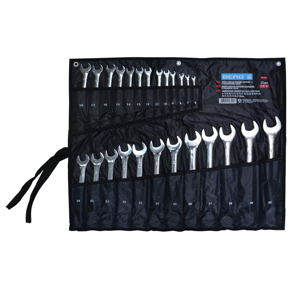 Набір ключів ріжково-накидних у тканинному чохлі, Cr-V, 25 шт. (6-32 мм) Berg | 48-974