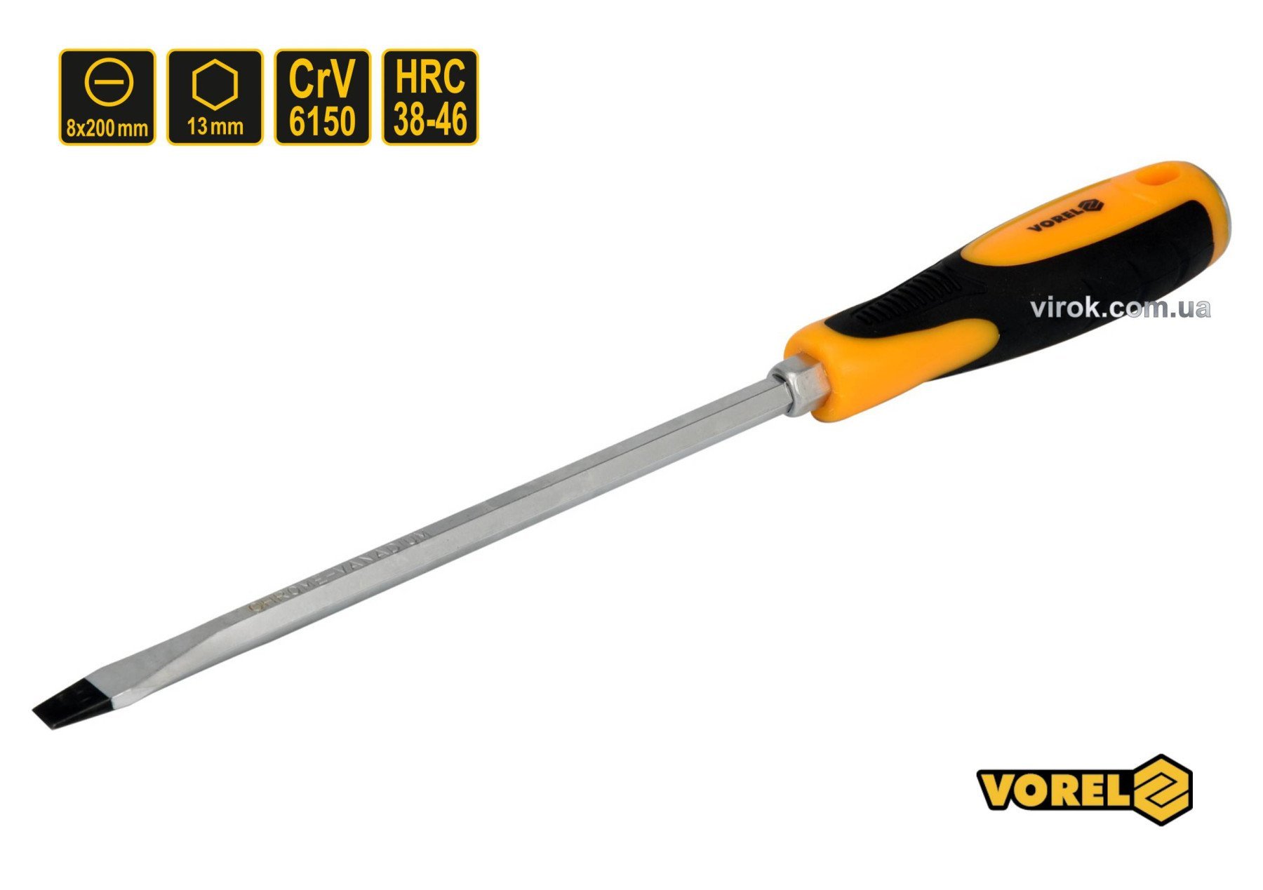 VOREL Викрутка плоска ударна з 6-гранним стержнем : SL8 х 200 мм, HRC 38-46, Cr-V  | 62167