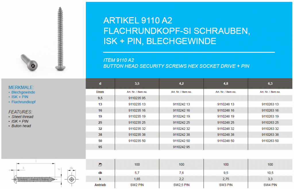 Button head security screws hex socket drive + pin