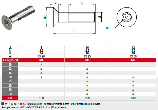 WS 9482 - sim. DIN 7991 Security screws countesunk head with TX and PIN