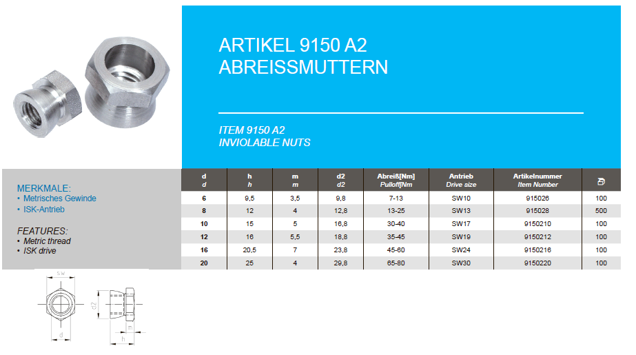 Shear nuts with breaking point 7 - 13 Nm