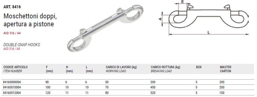 Moschettone doppio, apertura a pistone, aisi 316 / A4