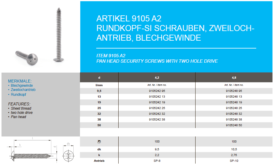 Truss head security screws with two hole drive