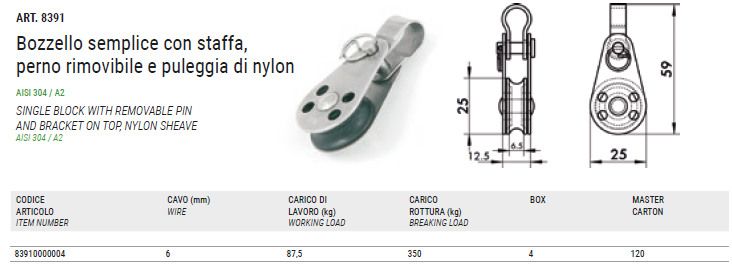ART. 8391 Single block with removable pin and bracket on top, nylon sheave, aisi 304 / A2 ART. 8391 Single block with removable pin and bracket on top, nylon sheave, aisi 304 / A2