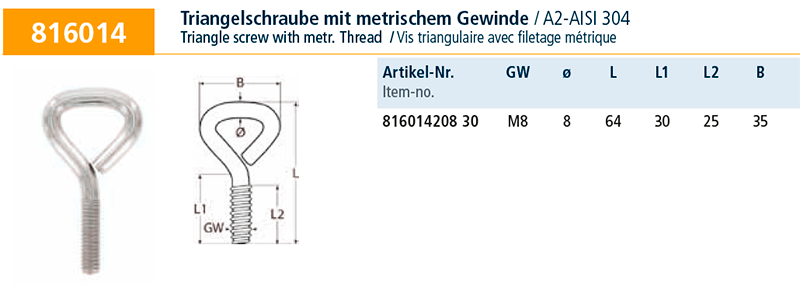 Трикутний гвинт з метричною різьбою А2 8x30 мм