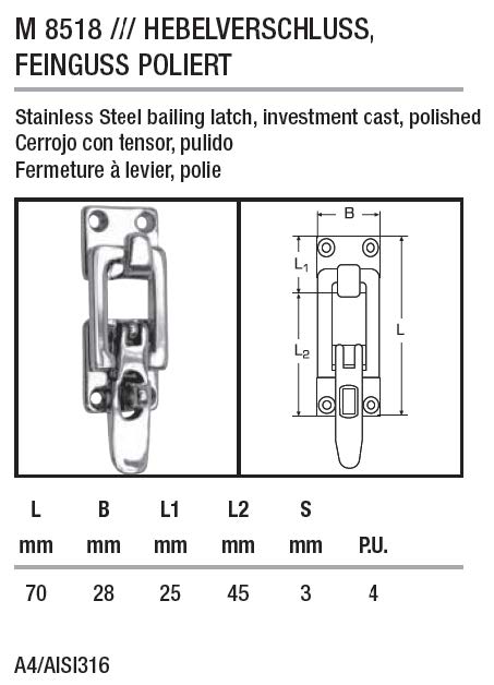 Bailing Latch, Inv. Cast 70 X 28 X3 mm, A4 Bailing Latch, Inv. Cast 70 X 28 X3 mm, A4