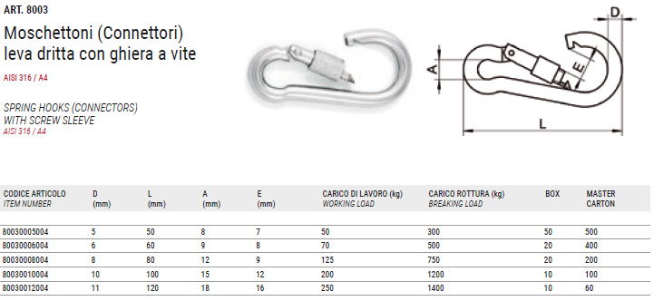 ART. 8003 Straight gate Carabiners (Connectors) with screw sleeve, aisi 316 / A4
