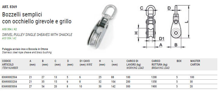 ART. 8369 Swivel pulley single sheave with shackle, aisi 304 / A2 ART. 8369 Swivel pulley single sheave with shackle, aisi 304 / A2