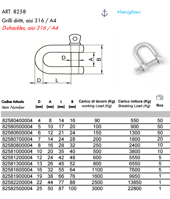 ART. 8258 Такелажные скобы, aisi 316 / A4