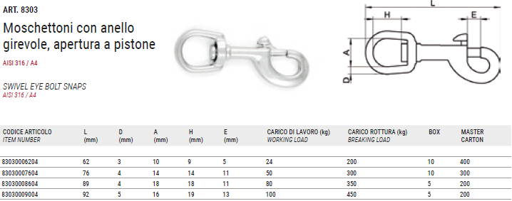ART. 8303 Swivel Eye Bolt Snaps, aisi 316 / A4